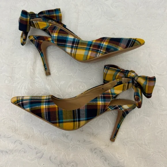asos Plaid Slingback Pumps with Bow on heel szUK4/US6 Yellow Multi color - Picture 2 of 8